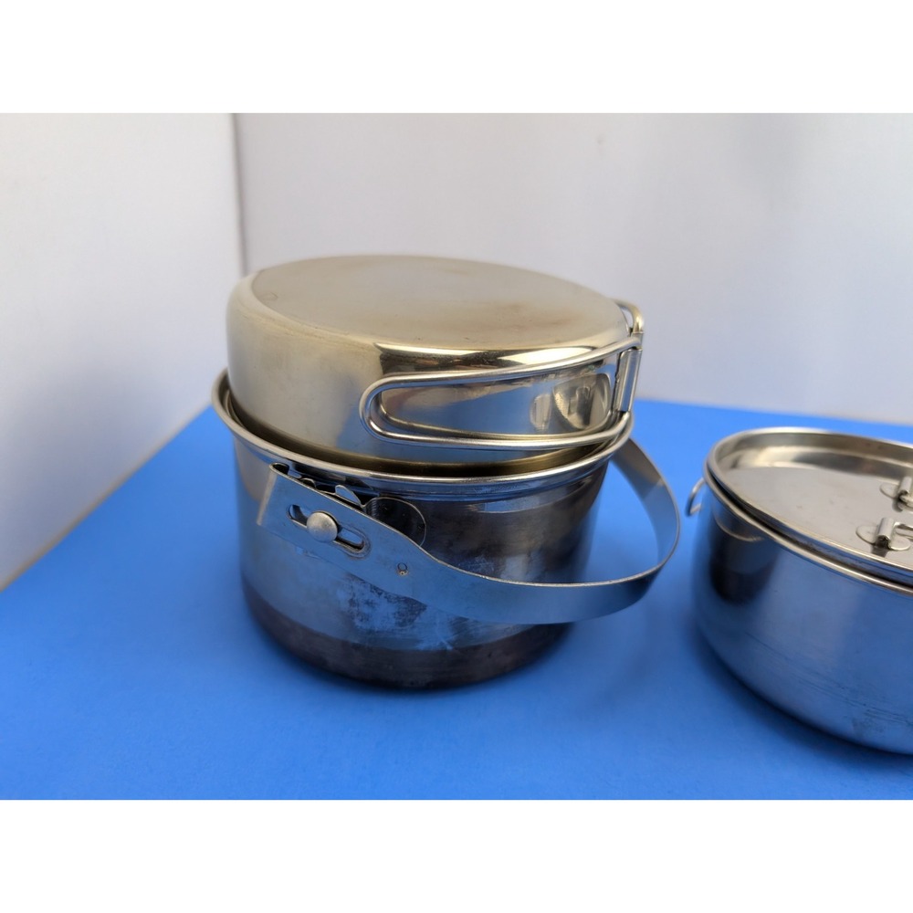 Vtg 3 Piece Camping Cook Set Coleman Peak 1 Stainless Steel Nesting Pots Pans - Picture 2 of 12